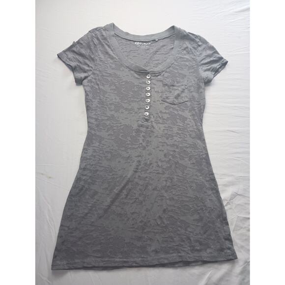 Vintage Y2K Guess Baby Doll Top Sheer Burn Out Gray T-shirt Fitted Small - Picture 1 of 4